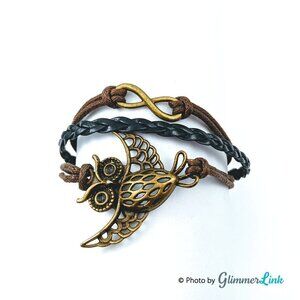 Multi Strand Faux Leather Owl Charm Infinity Bracelet